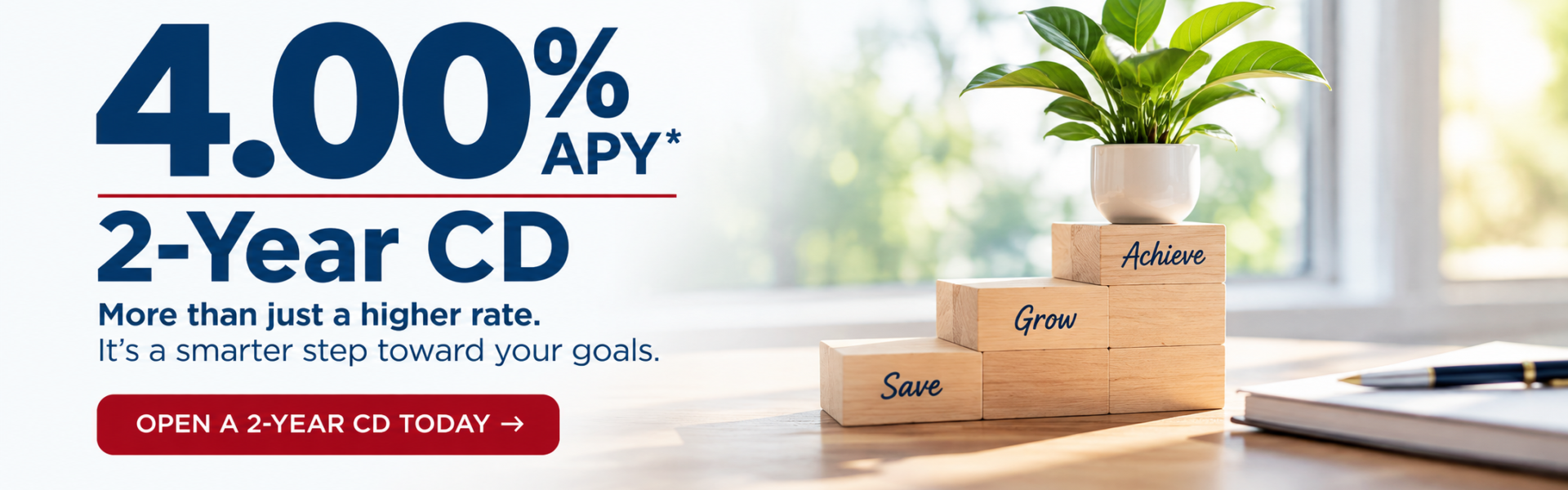 Promotional ad: 4.00% APY for a 2-year CD with a call to action to open today.