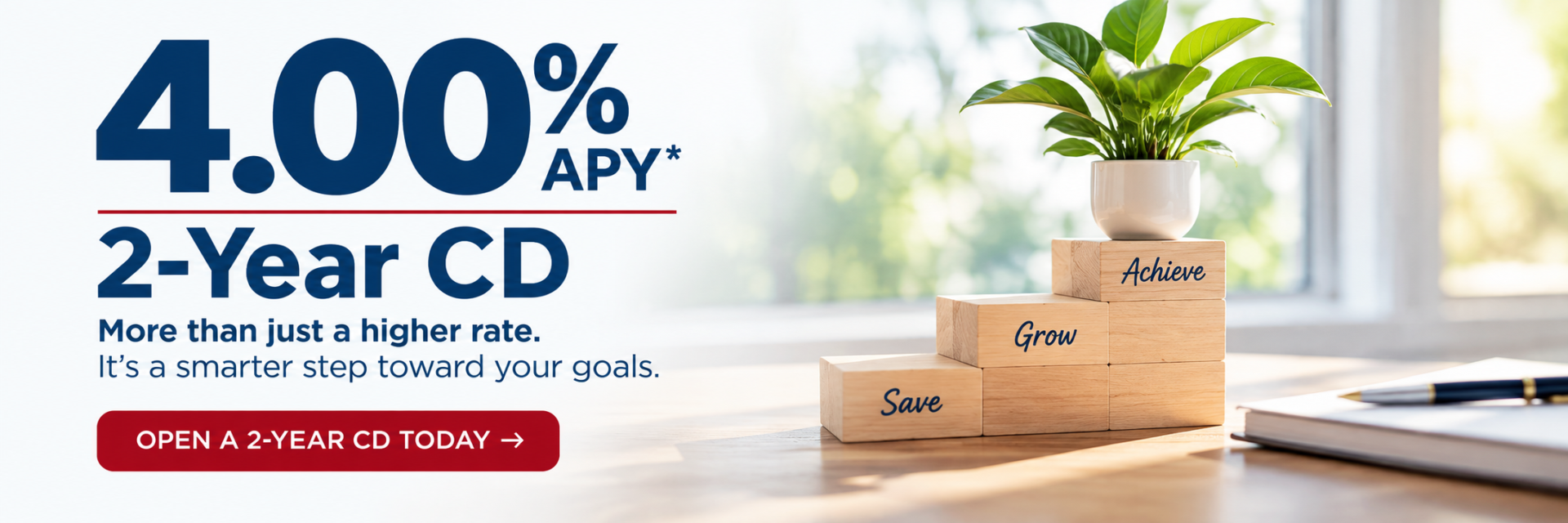 Promotional ad: 4.00% APY for a 2-year CD with a call to action to open today.
